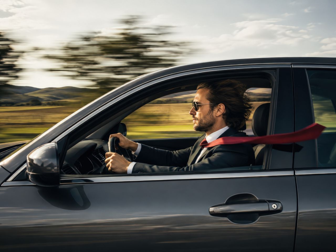 Guy in car driving with windows down