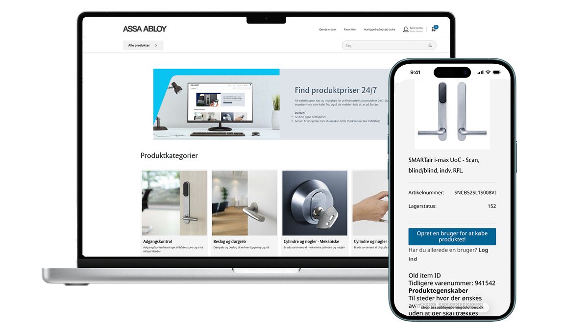 Screenshot af ASSA ABLOYs webshop på desktop og mobil