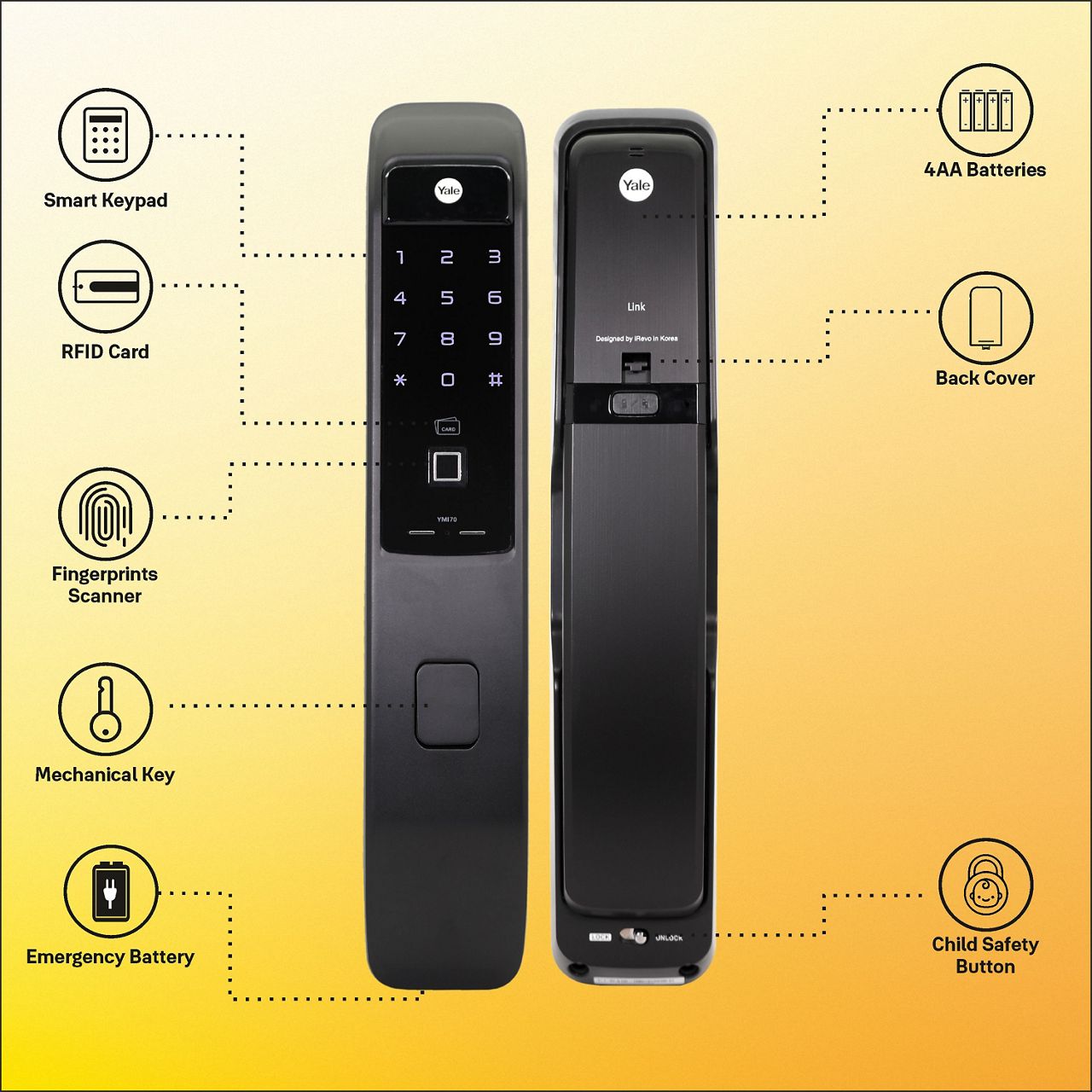 This all-new Push Pull Smart Lock YMI70A allows you to open door in various ways, so you can enjoy the access option either via fingerprint scan, personalized PIN code, RFID key tag or simply via Yale Home App.