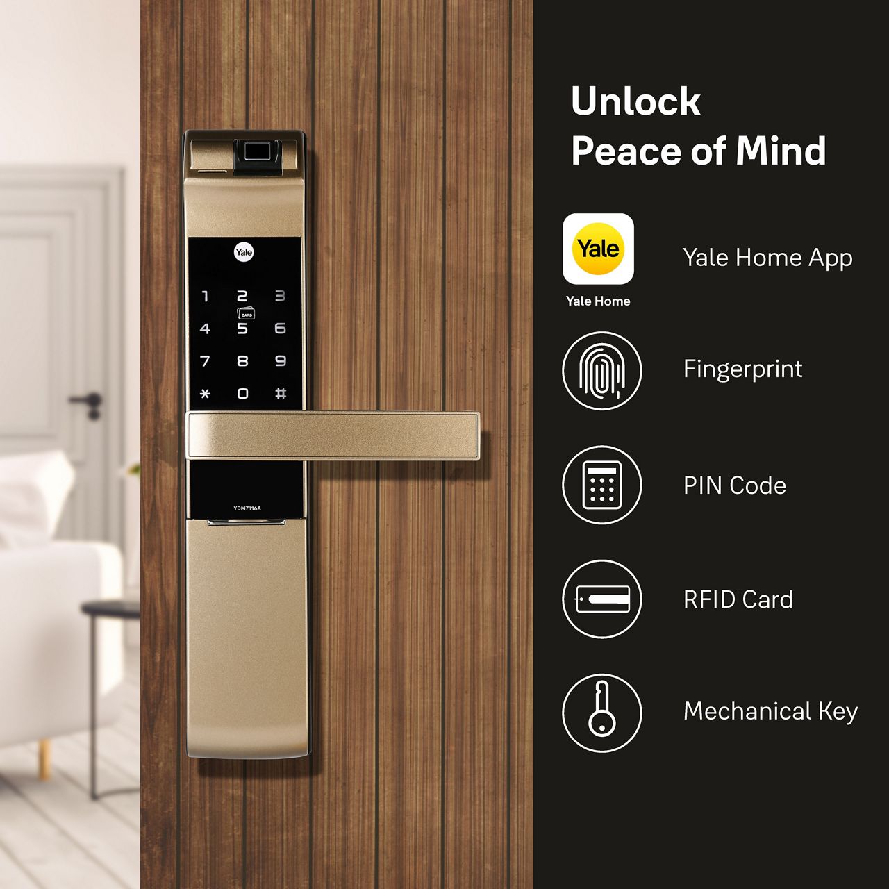 YDM7116A comes in three elegant colours – Matt Black, Champagne Gold and Red Bronze along with an advanced fingerprint scanner as well as a keypad. 