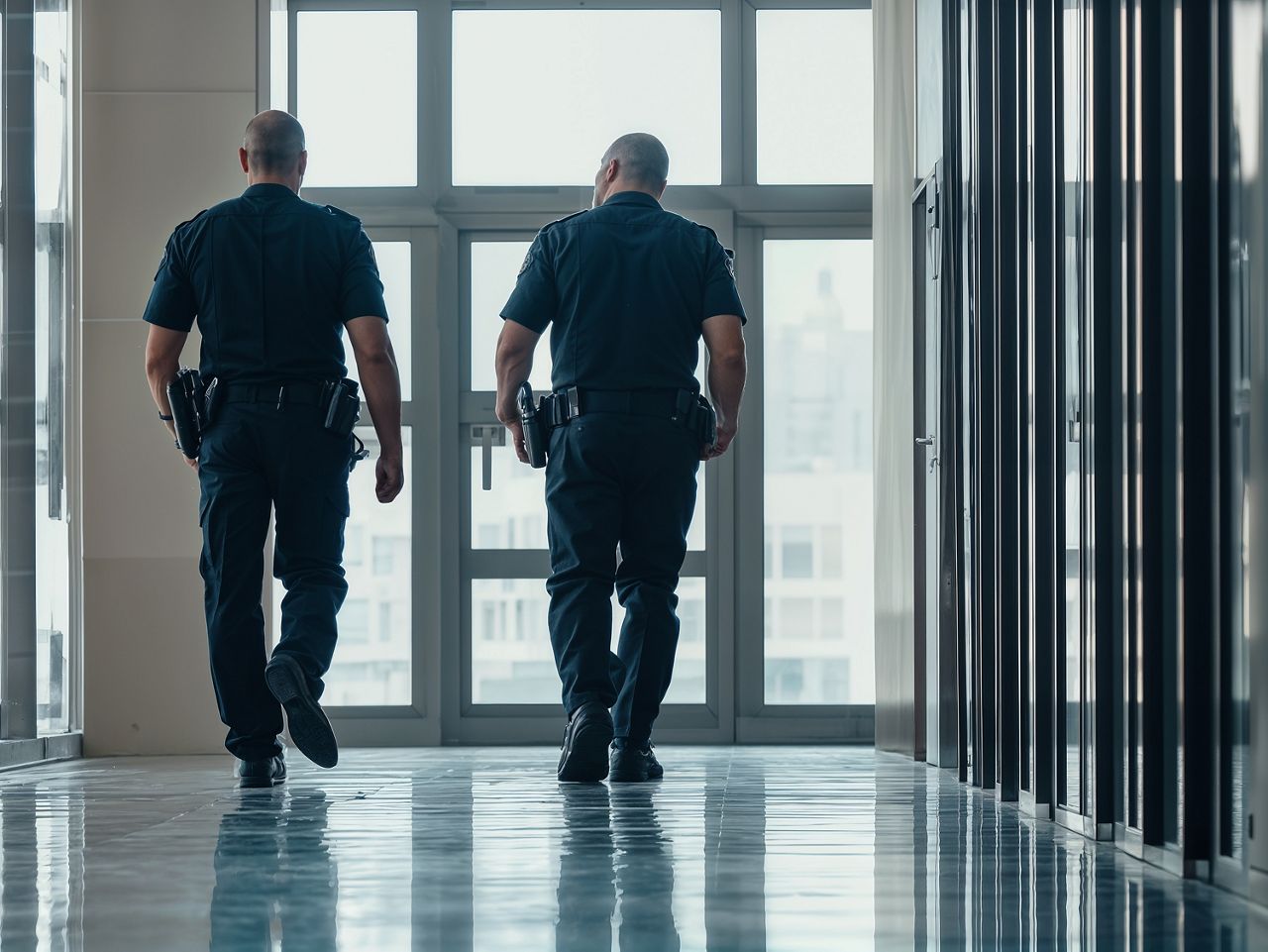Two uniformed police officers walking down a corridor