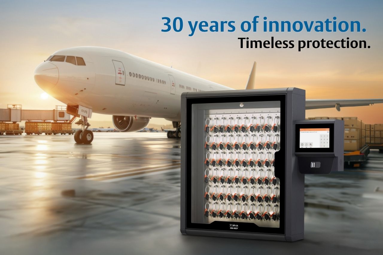 Electronic key management system for aviation shown alongside a commercial aircraft to represent airport key control and asset management.