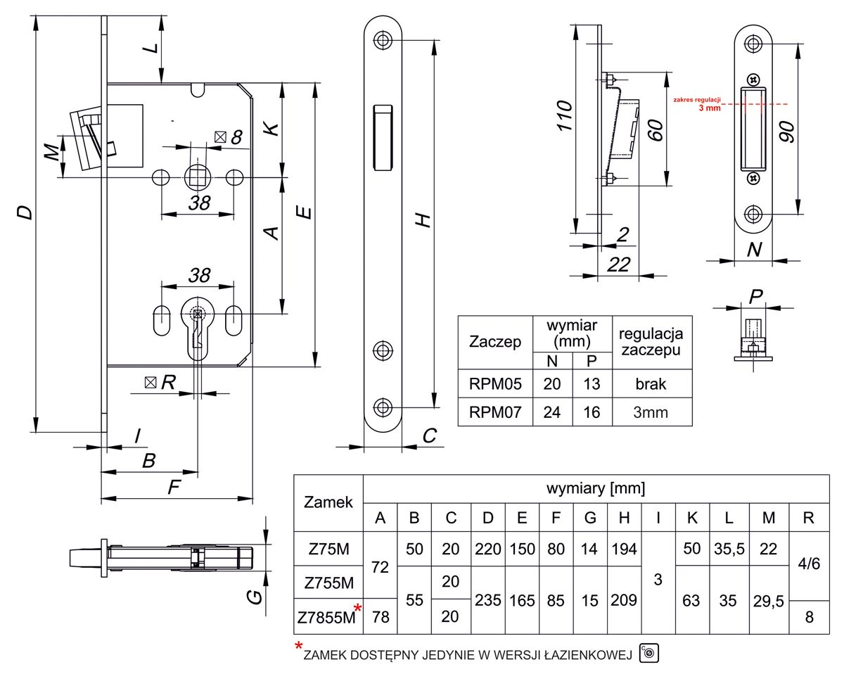 Image: Zamek wpuszczany magnetyczny Z75M/Z775M/Z855M rysunek