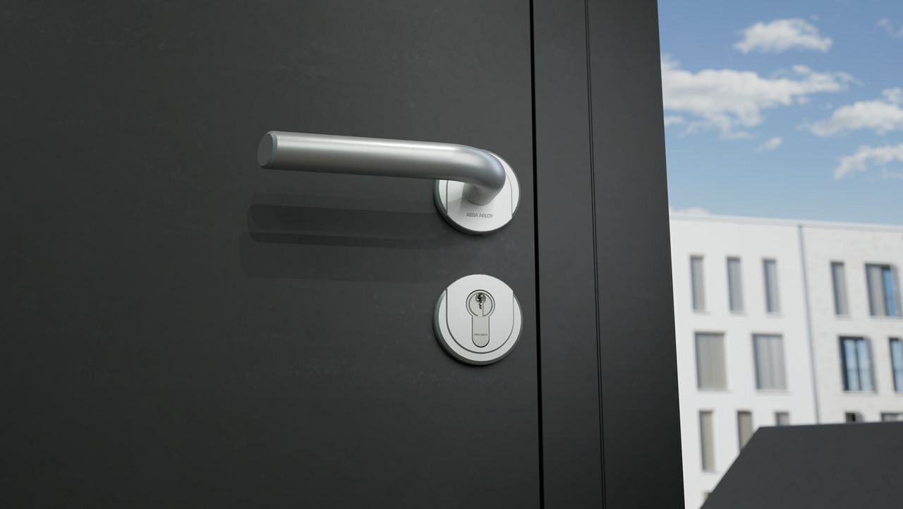 o încuietoare cu cilindru și mâner cu rozete montate pe o ușă manuală maro