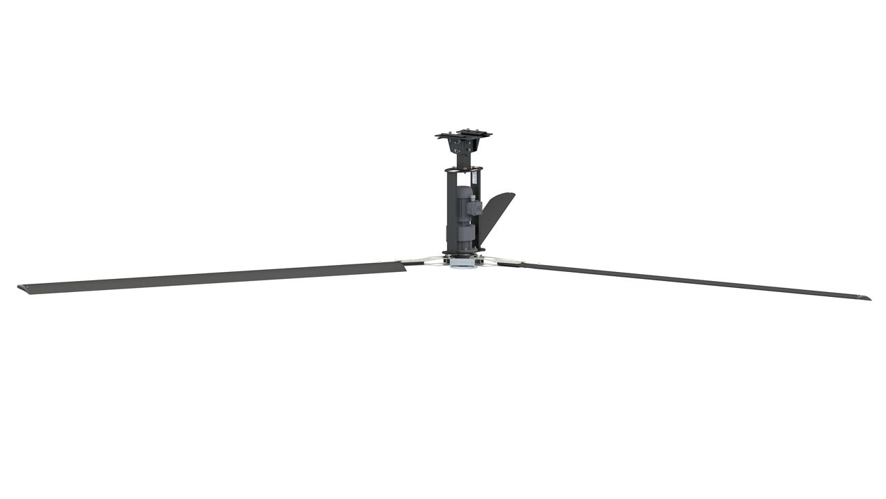 A black ceiling fan with three blades