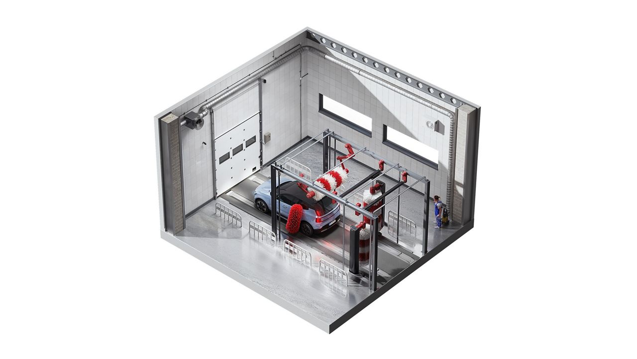 Dessin isométrique d'une station de lavage équipée d'une porte sectionnelle à entraînement direct résistante à l'humidité.