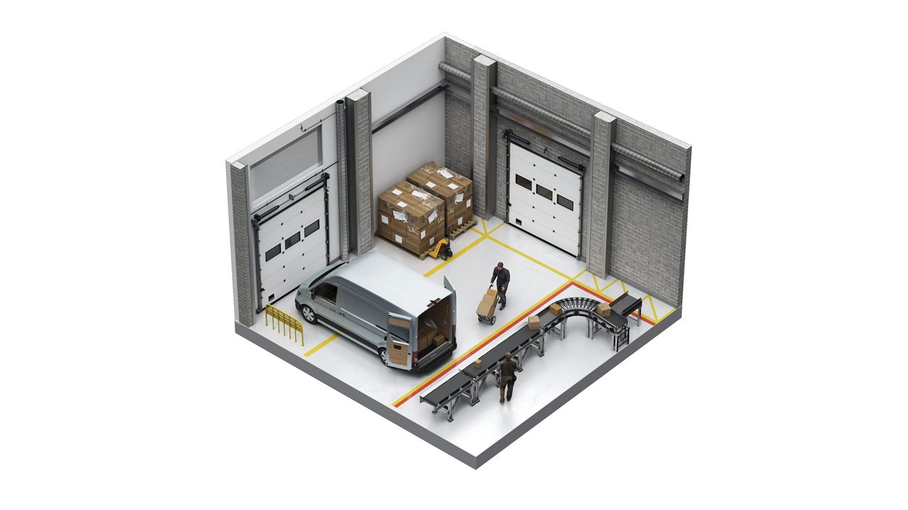 Dessin isométrique d'un environnement logistique où une camionnette est chargée de cartons à côté de portes sectionnelles dotées de fenêtres.