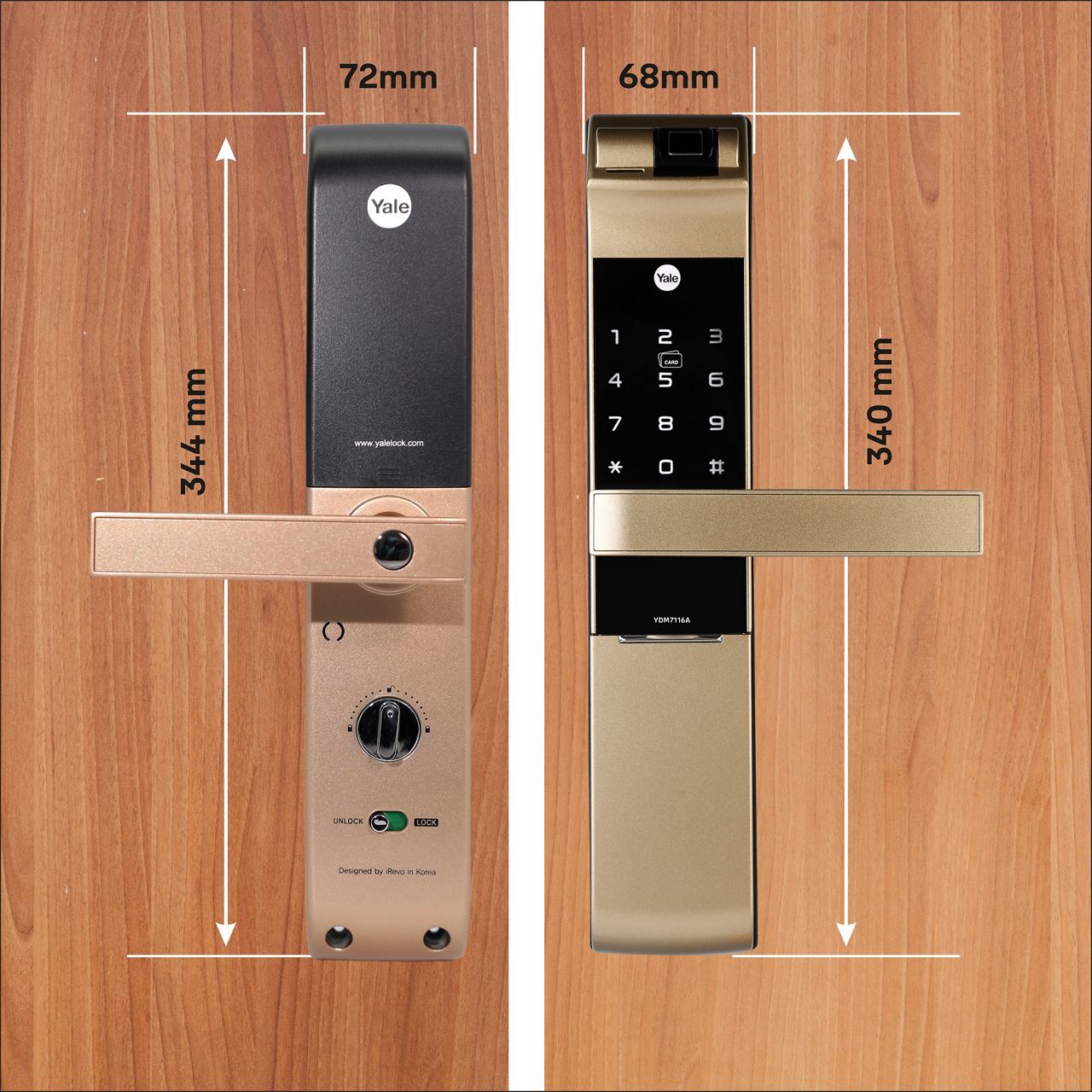 YDM7116A comes in three elegant colours – Matt Black, Champagne Gold and Red Bronze along with an advanced fingerprint scanner as well as a keypad. 