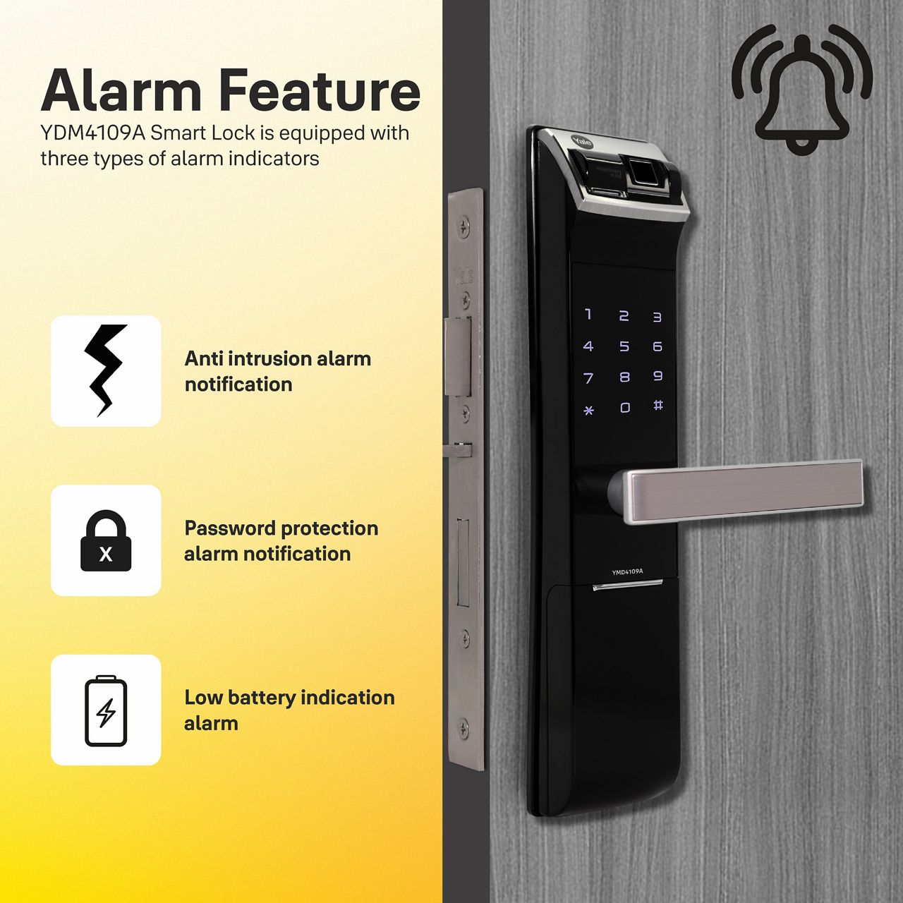 YDM4109A comes with a voice guide feature that provides the status of the lock and details on how to personalise each feature and mode to suit the convenience of the user