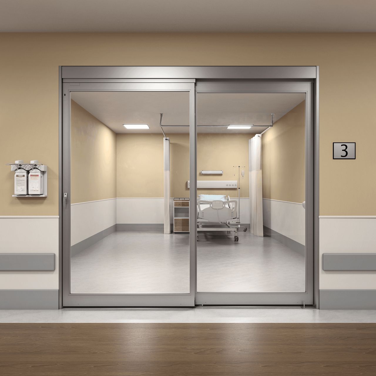 A closed ICU sliding glass door providing clear visibility into a hospital patient room with bed, curtain, and medical equipment.