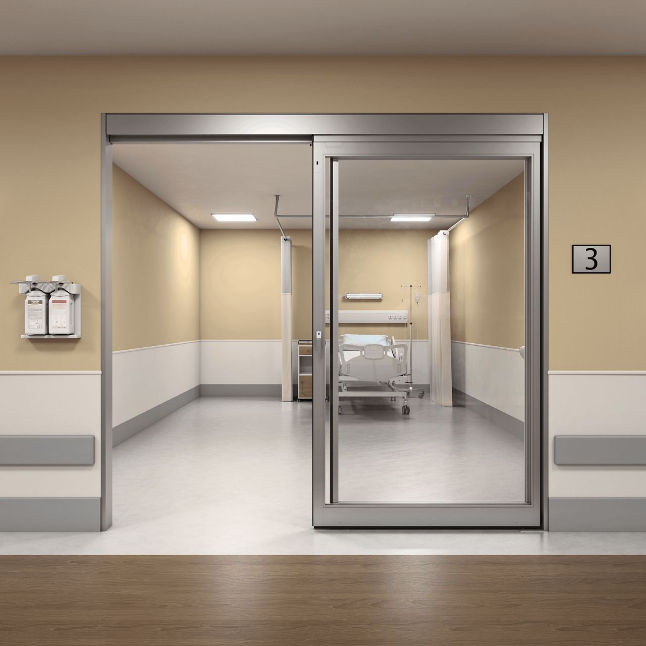 Image: An open ICU sliding glass door providing clear visibility into a hospital patient room with bed, curtain, and medical equipment.