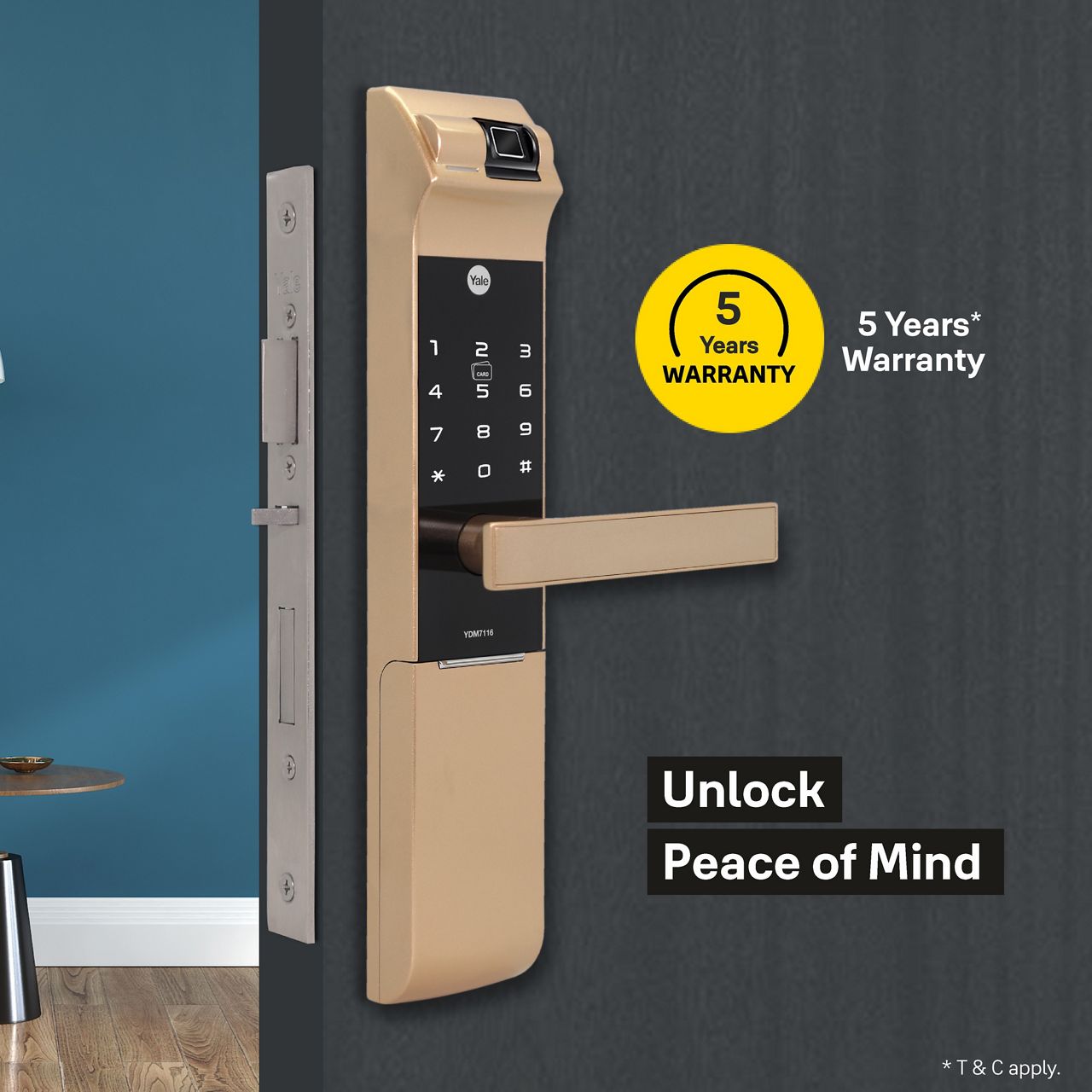 YDM7116A comes in three elegant colours – Matt Black, Champagne Gold and Red Bronze along with an advanced fingerprint scanner as well as a keypad. 