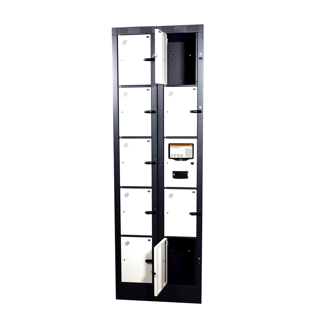 Traka 9-way personell locker provides temporary storage and charging for valuables with doors open. 