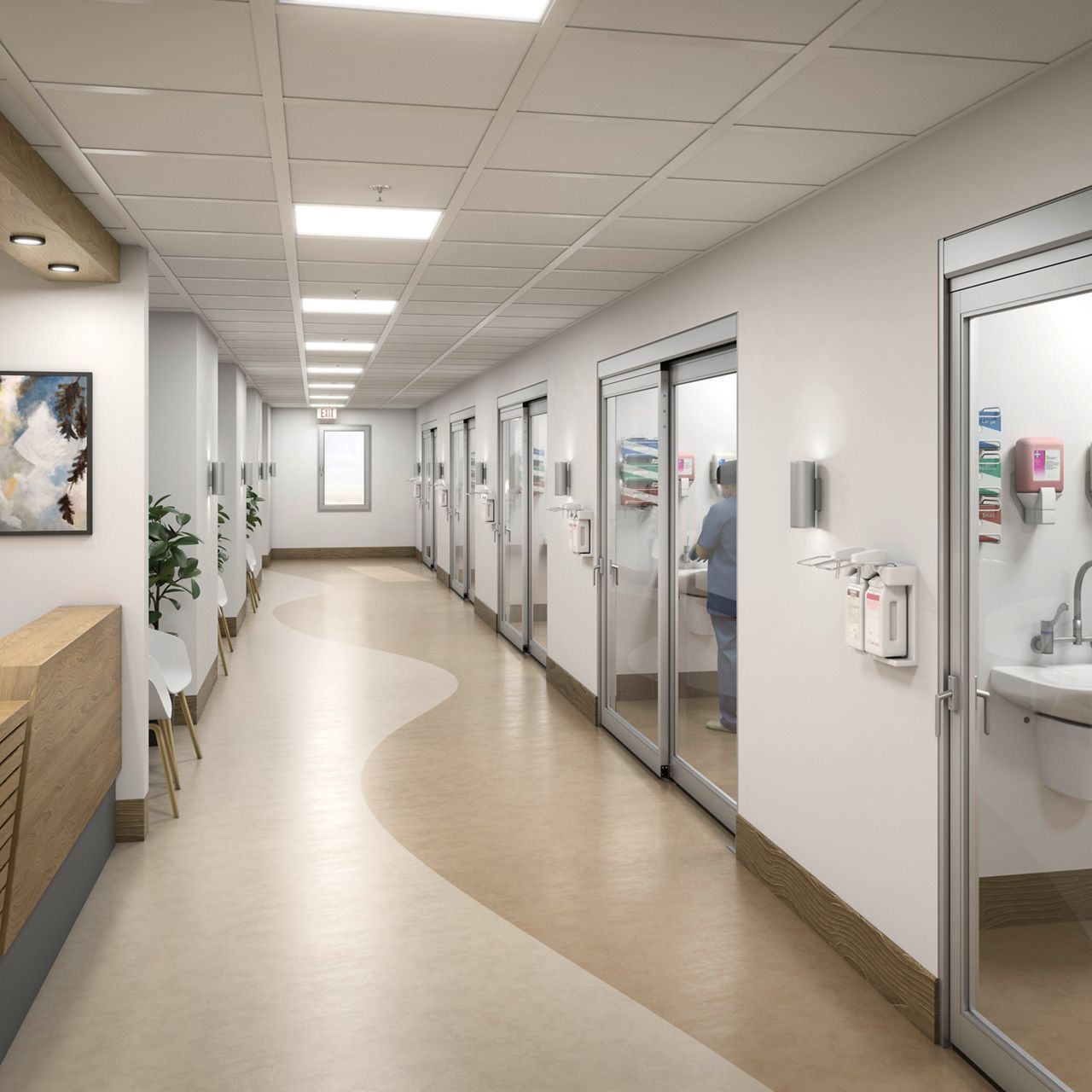 Multiple ASSA ABLOY VersaMax FGI doors in hopspital hallway.
