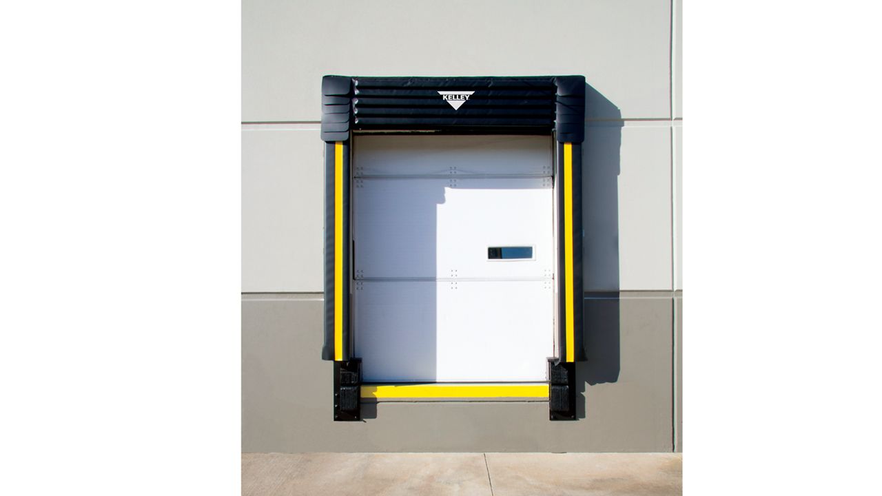 A heavy-duty dock seal with high-abrasion ArmorGuard™ fabric, featuring a head curtain for enhanced protection against wear from frequent trailer movement and varying dock heights.