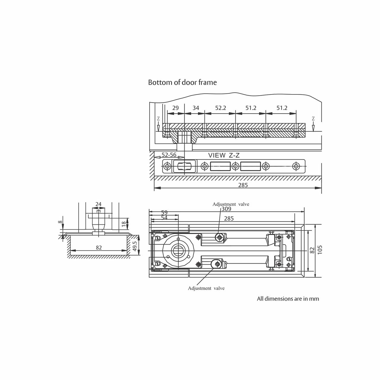 Image: ASSA ABLOY AF-224P floor spring with slim profile installed in floor beneath glass door