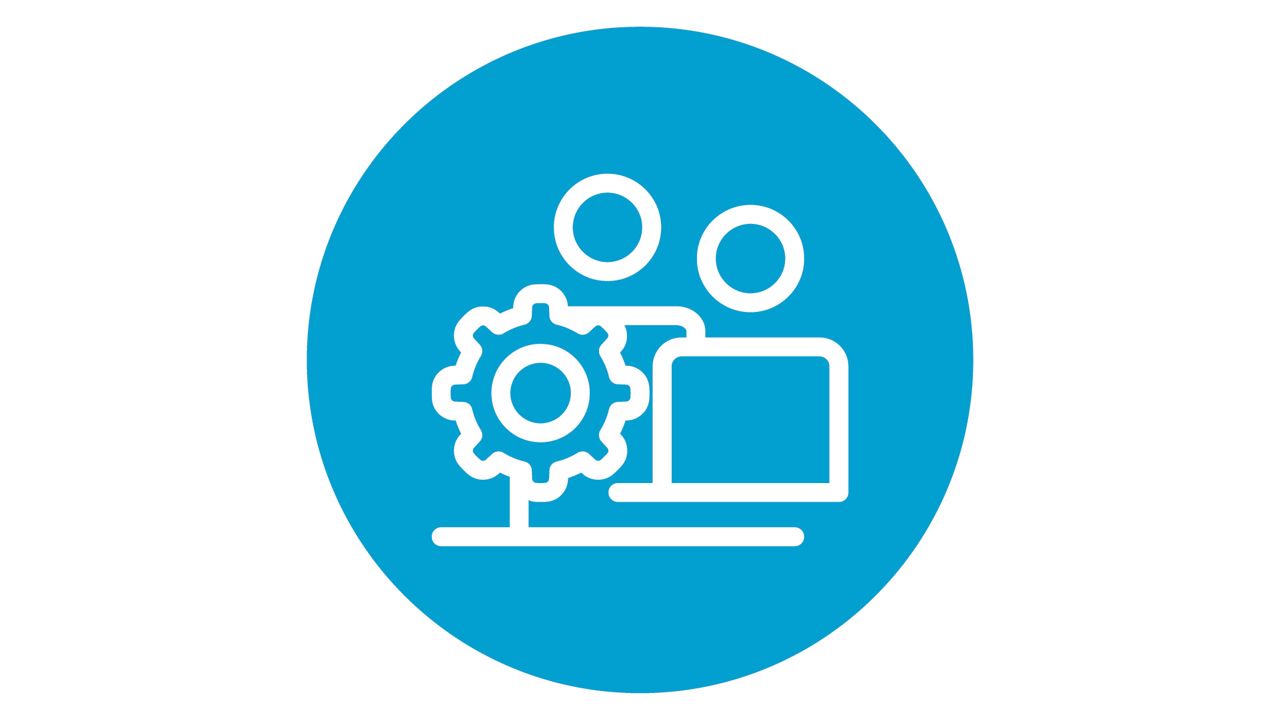 people and gears in a blue circle