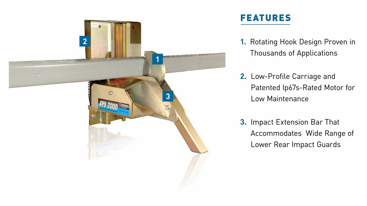 The APS2000® Vehicle Restraint with blue callout boxes highlighting key features.