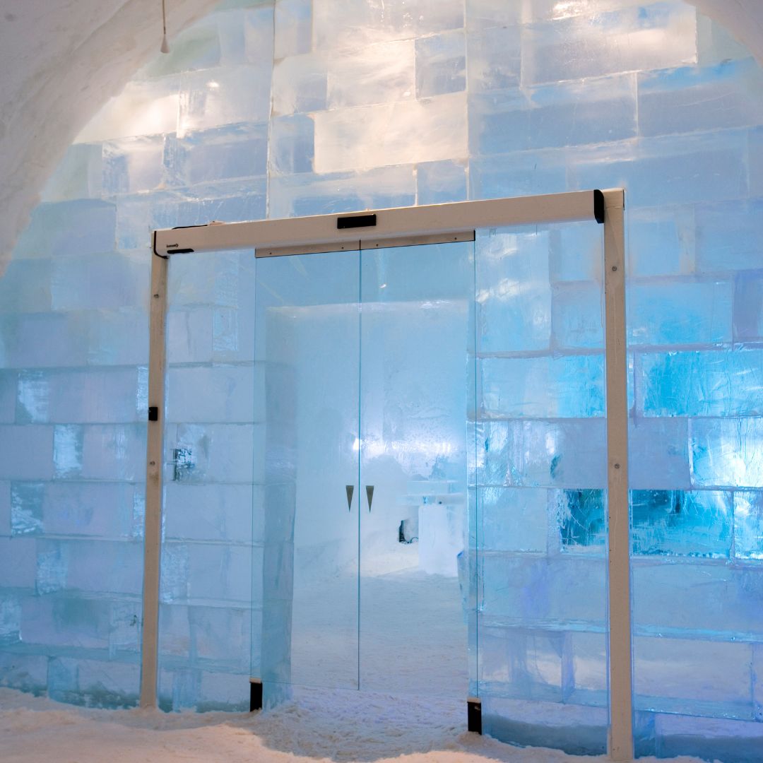 Automatic Door entrance to a room made of ice. 