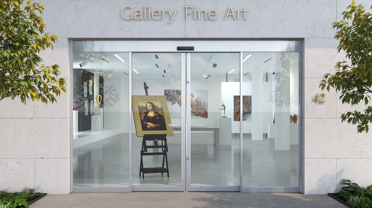 Illustration of an art gallery with the ASSA ABLOY SL500 Protect doors in glass.
