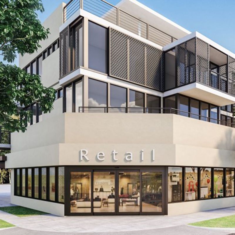 Illustration of a retail store with sliding glass doors.