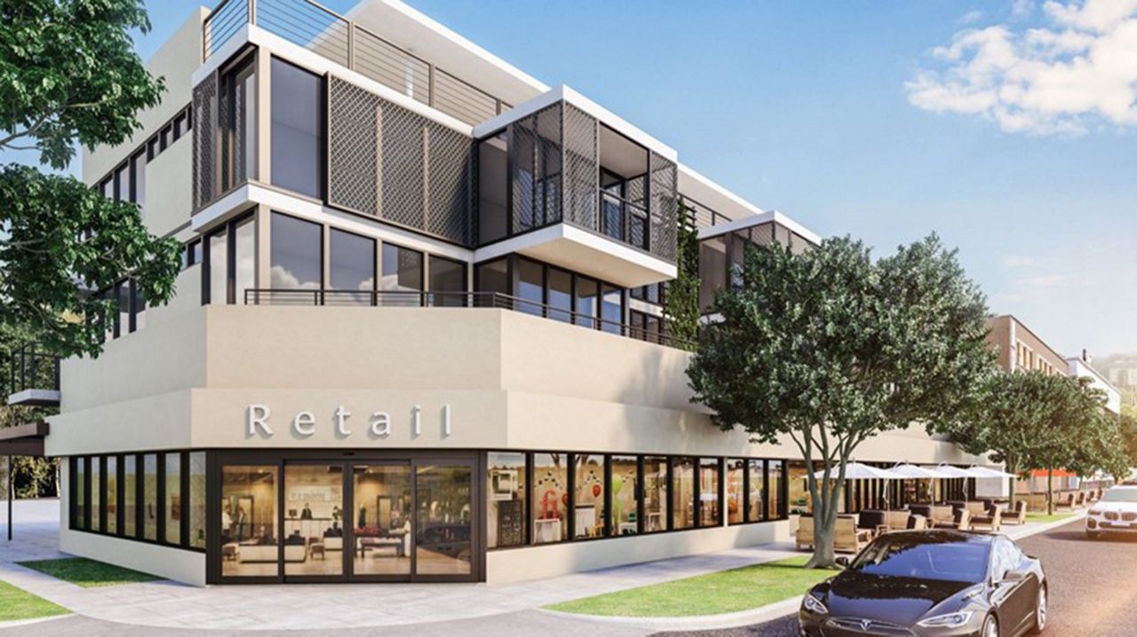 Illustration of a retail store with sliding glass doors.