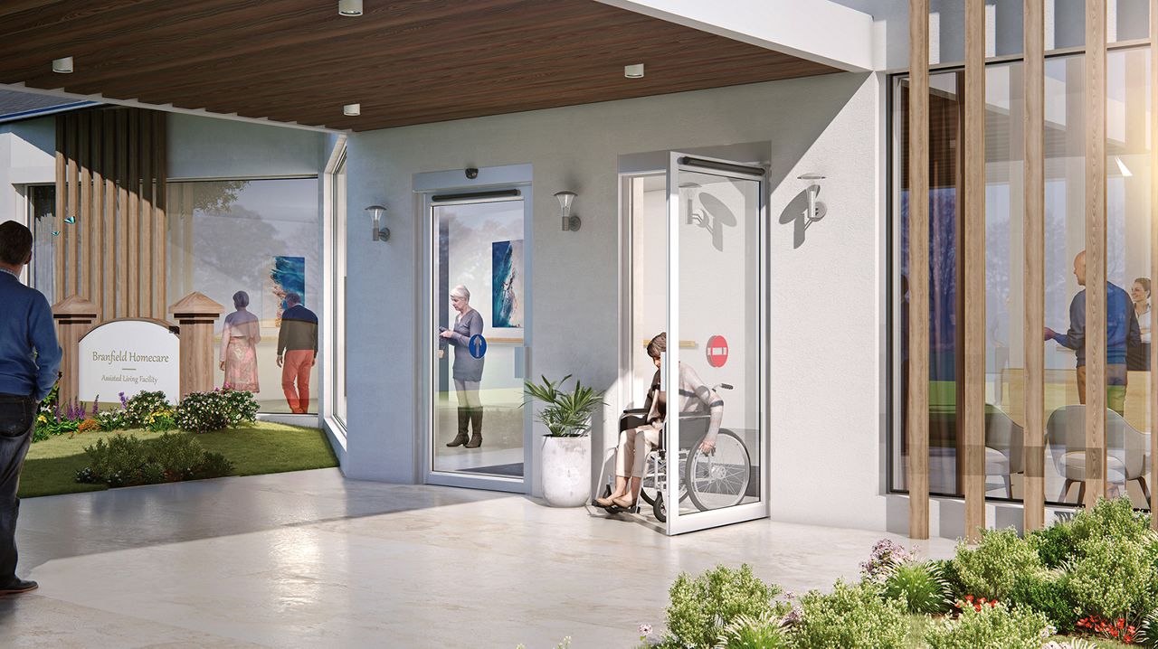 Illustration of the ASSA ABLOY SW200 swing door operator at the entrance of a retirement home.