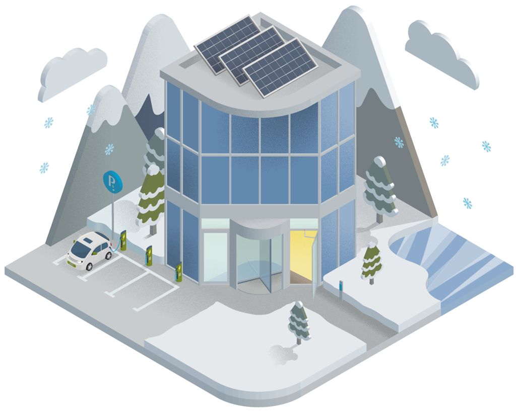 drawing of glass building with solar panels 
