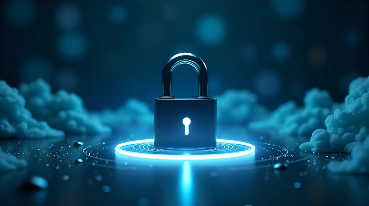 Access control graphic concept with lock in digital environment