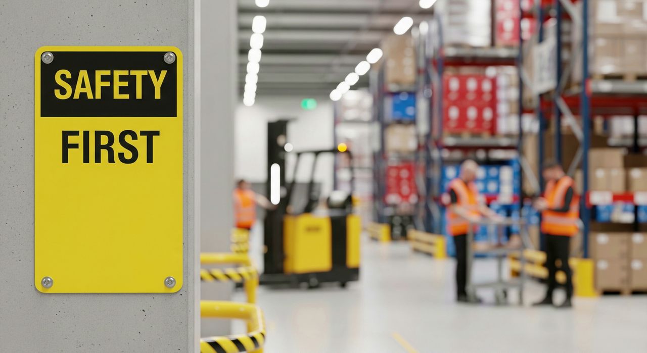 Safety first sign in warehouse highlighting proactive employee safety and security