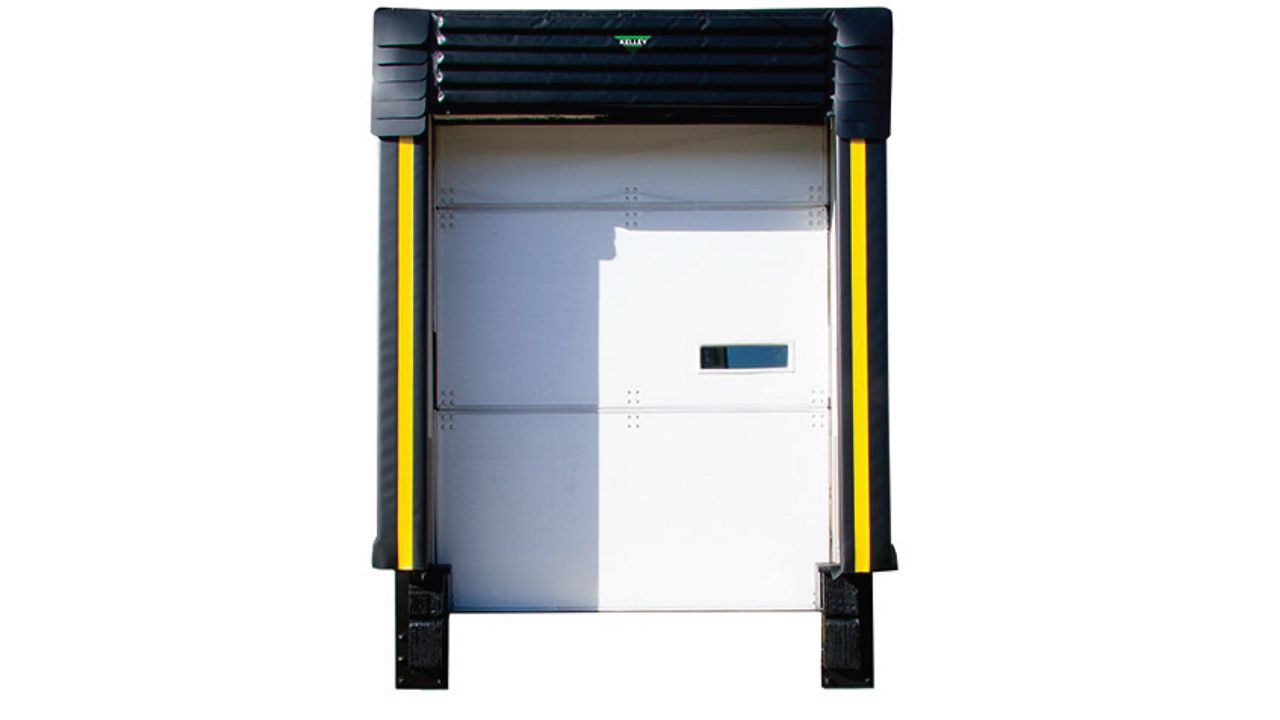 A heavy-duty dock seal with high-abrasion ArmorGuard™ fabric, featuring a head curtain for enhanced protection against wear from frequent trailer movement and varying dock heights on a white background.