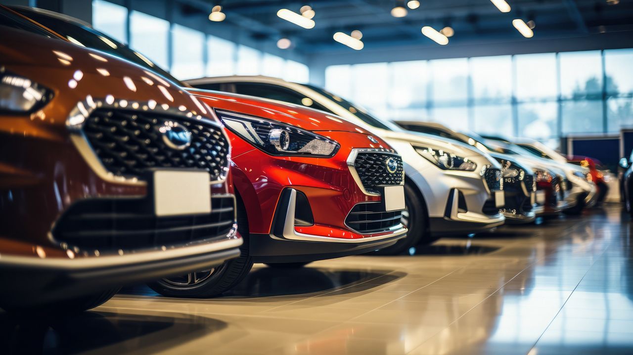 Row of new cars in automotive showroom