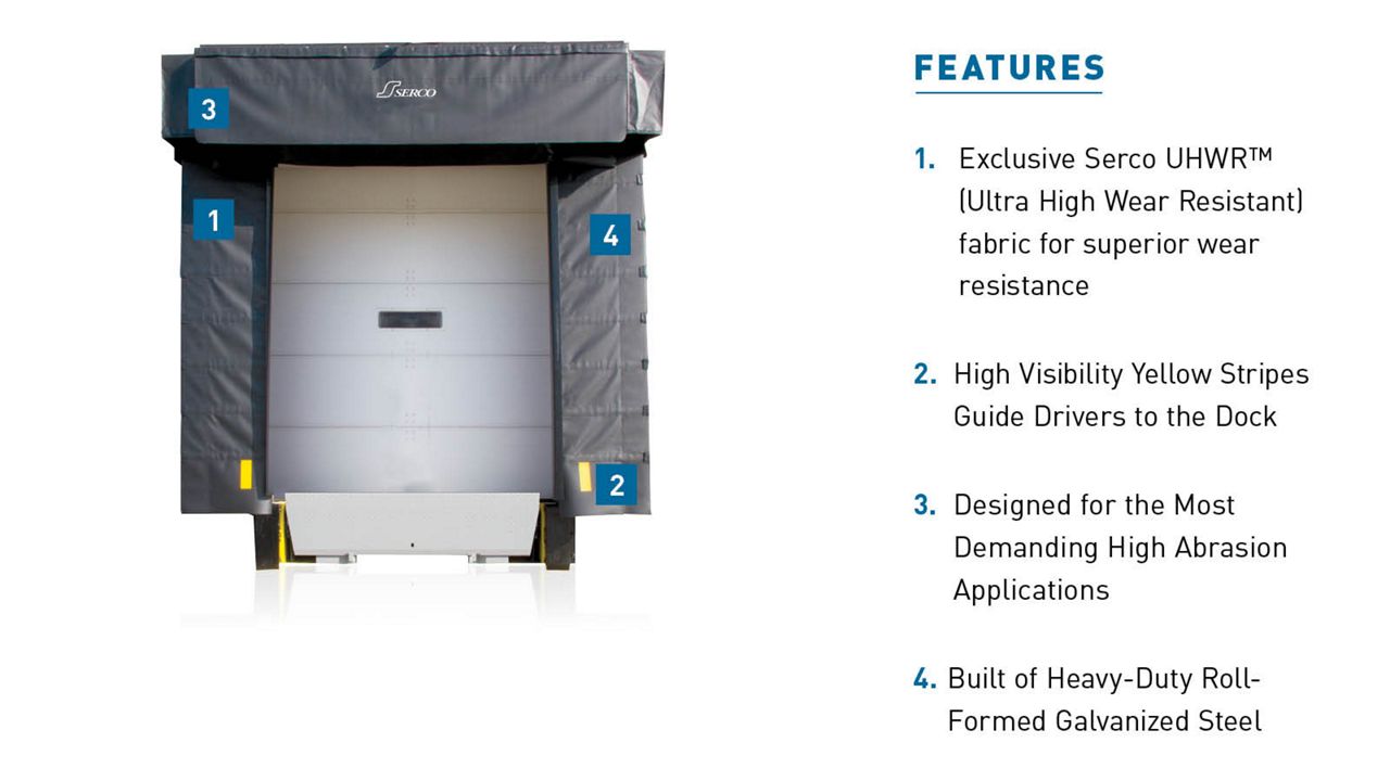 The BDS-S Blackout Dock Shelter with blue callout boxes highlighting key features.