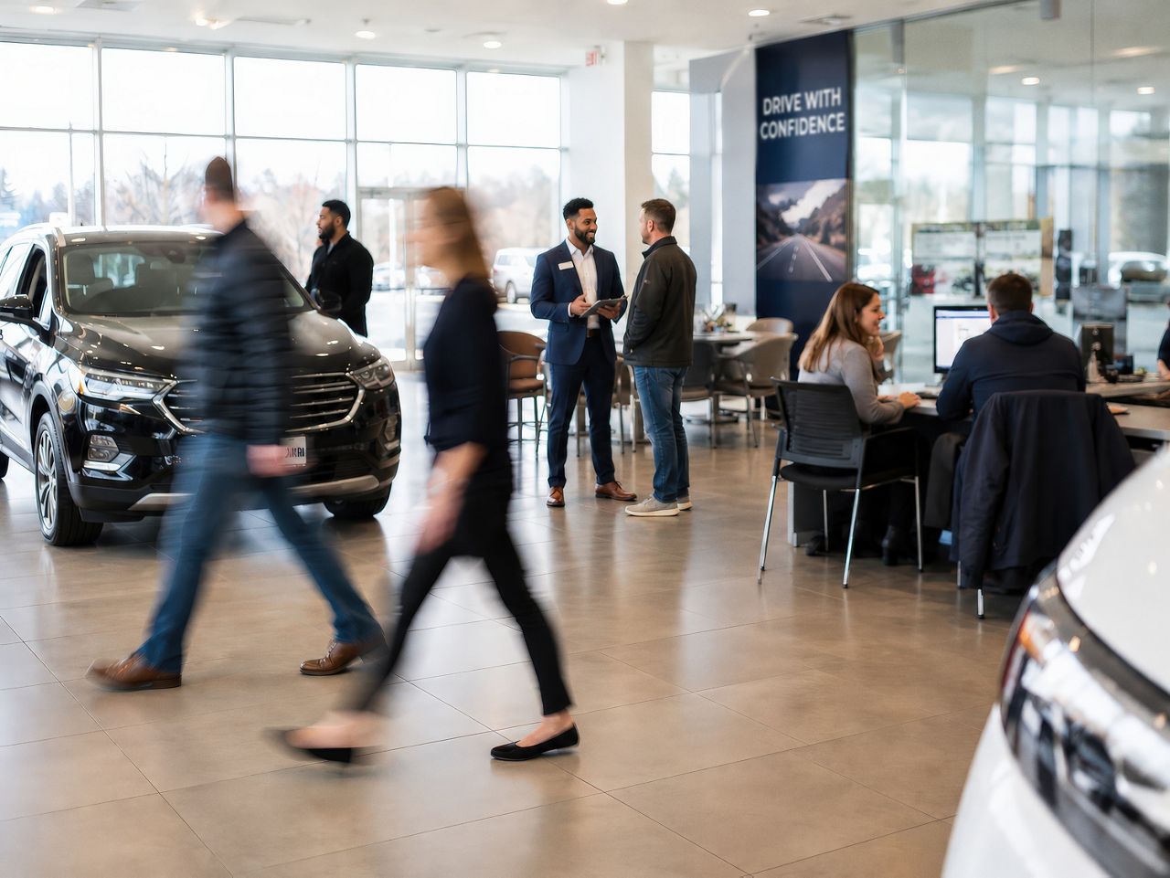 Busy automotive showroom