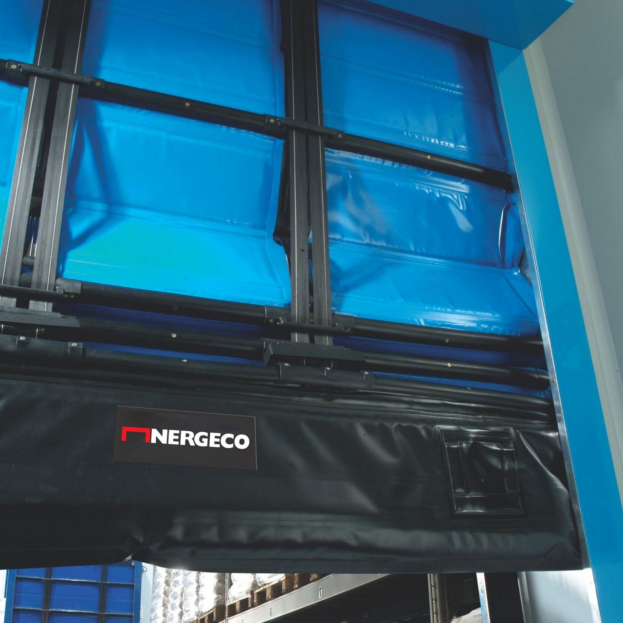 A blue door are being open and you can see the Nergeco logo. 