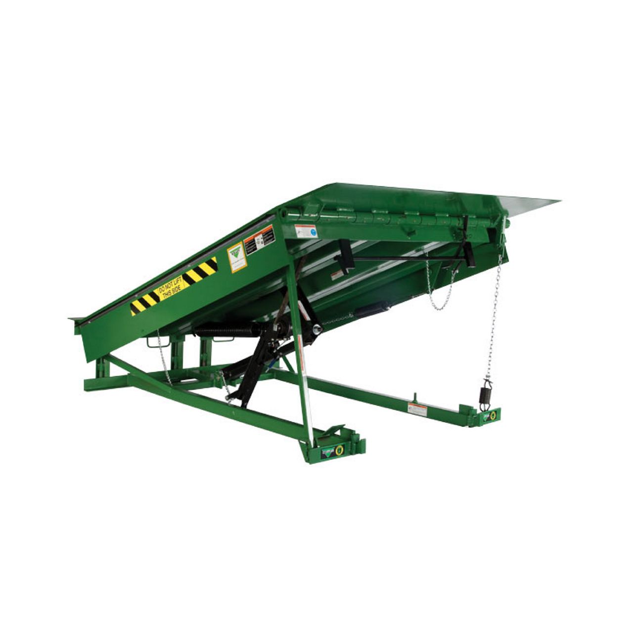 Side view of a mechanically operated pit-style loading dock leveler.