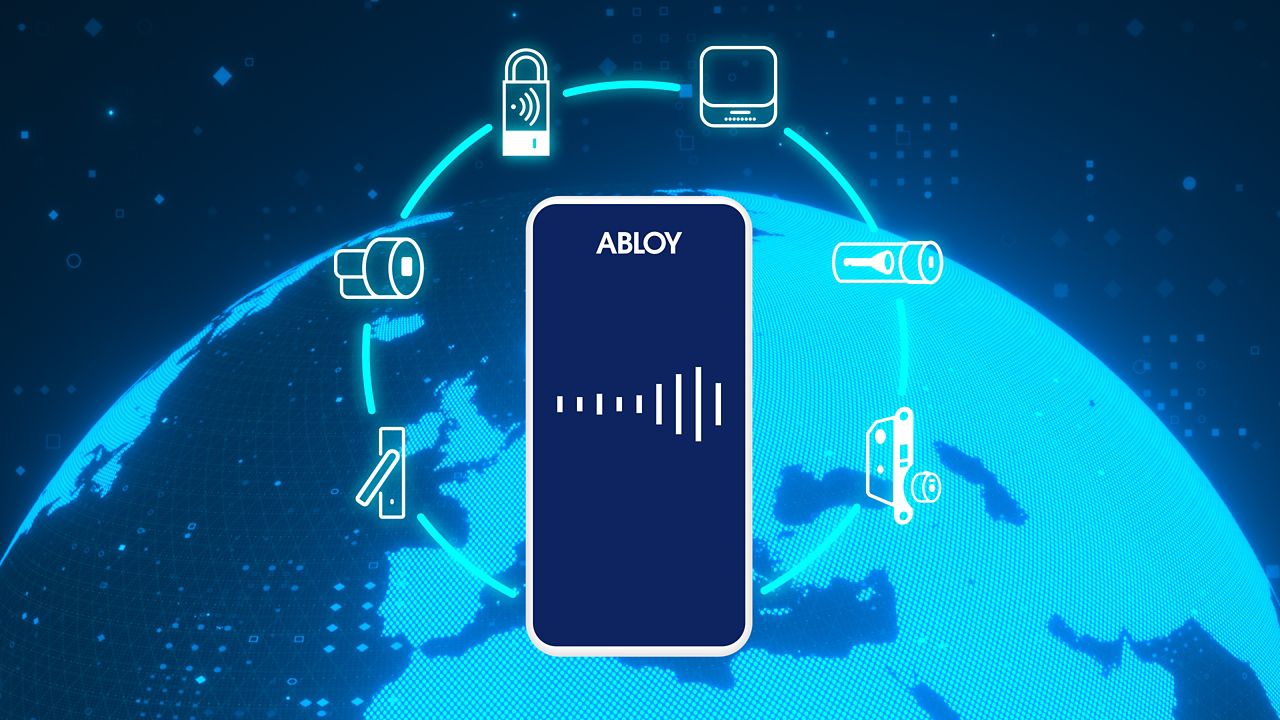 ABLOY CUMULUS -grafiikkaa, taustalla maapallo