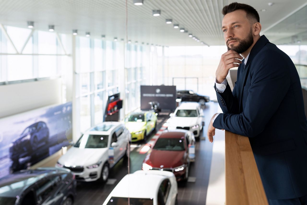 Car dealership manager overlooking the showroom
