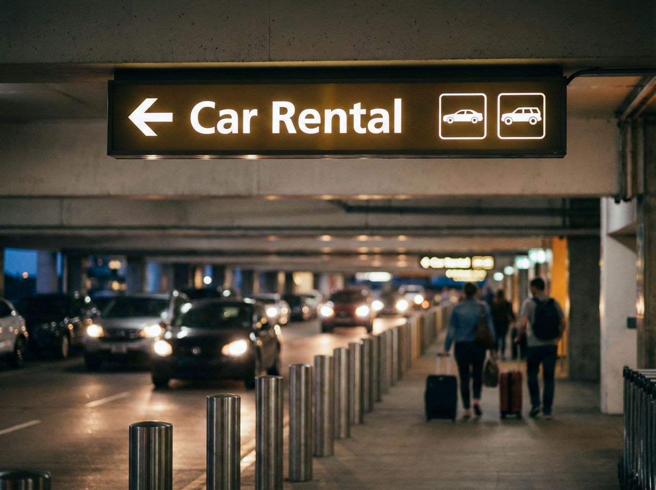 Car rental sign in airport parking garage