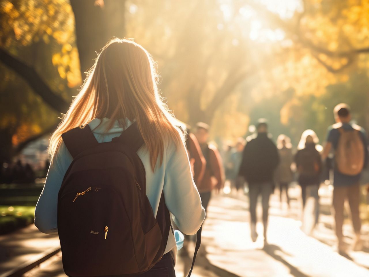 Students walking on a college campus in the early morning