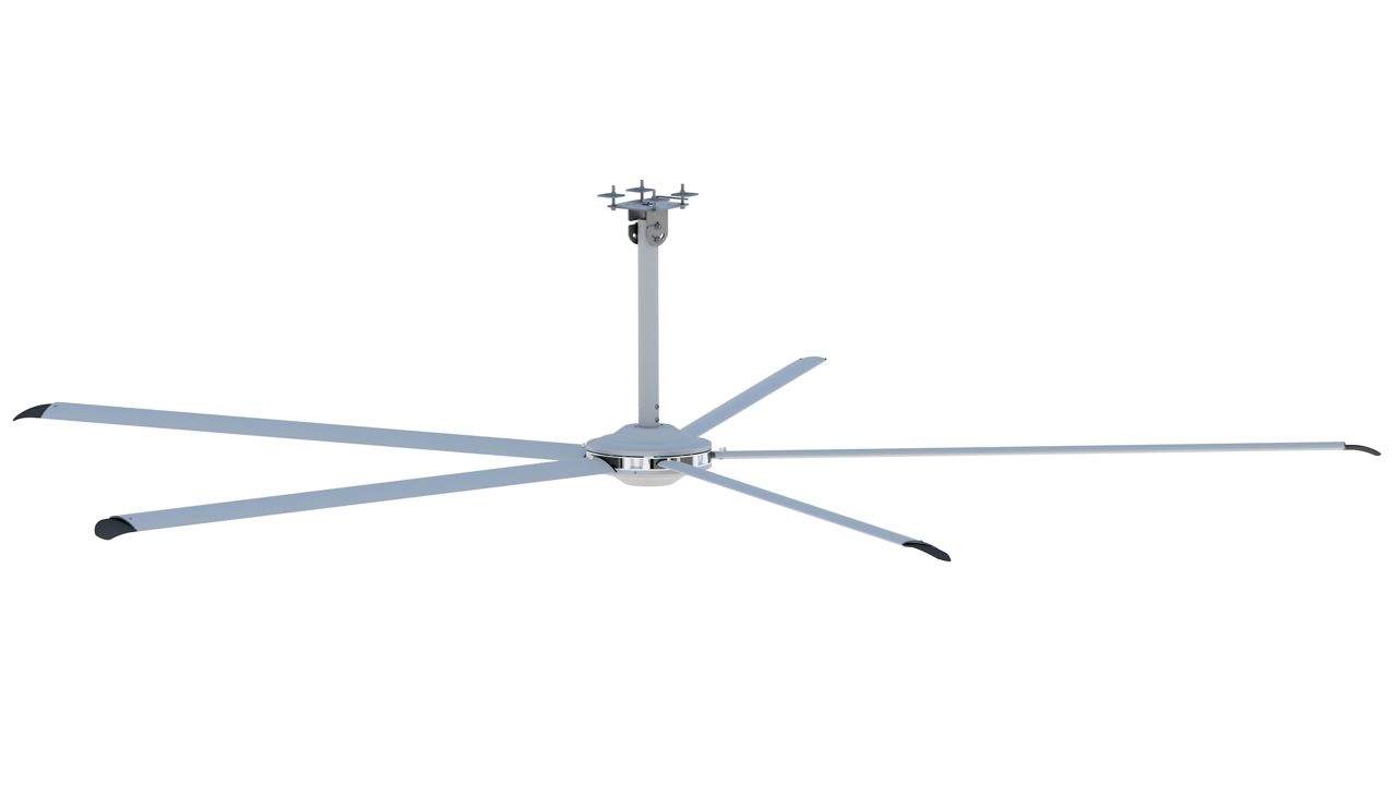 A silver commercial fan on a white background.