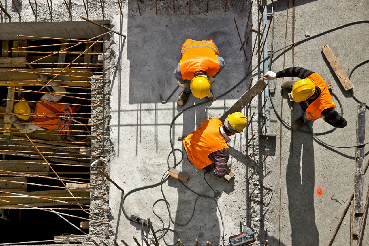 Overhead view of construction workers on a work site