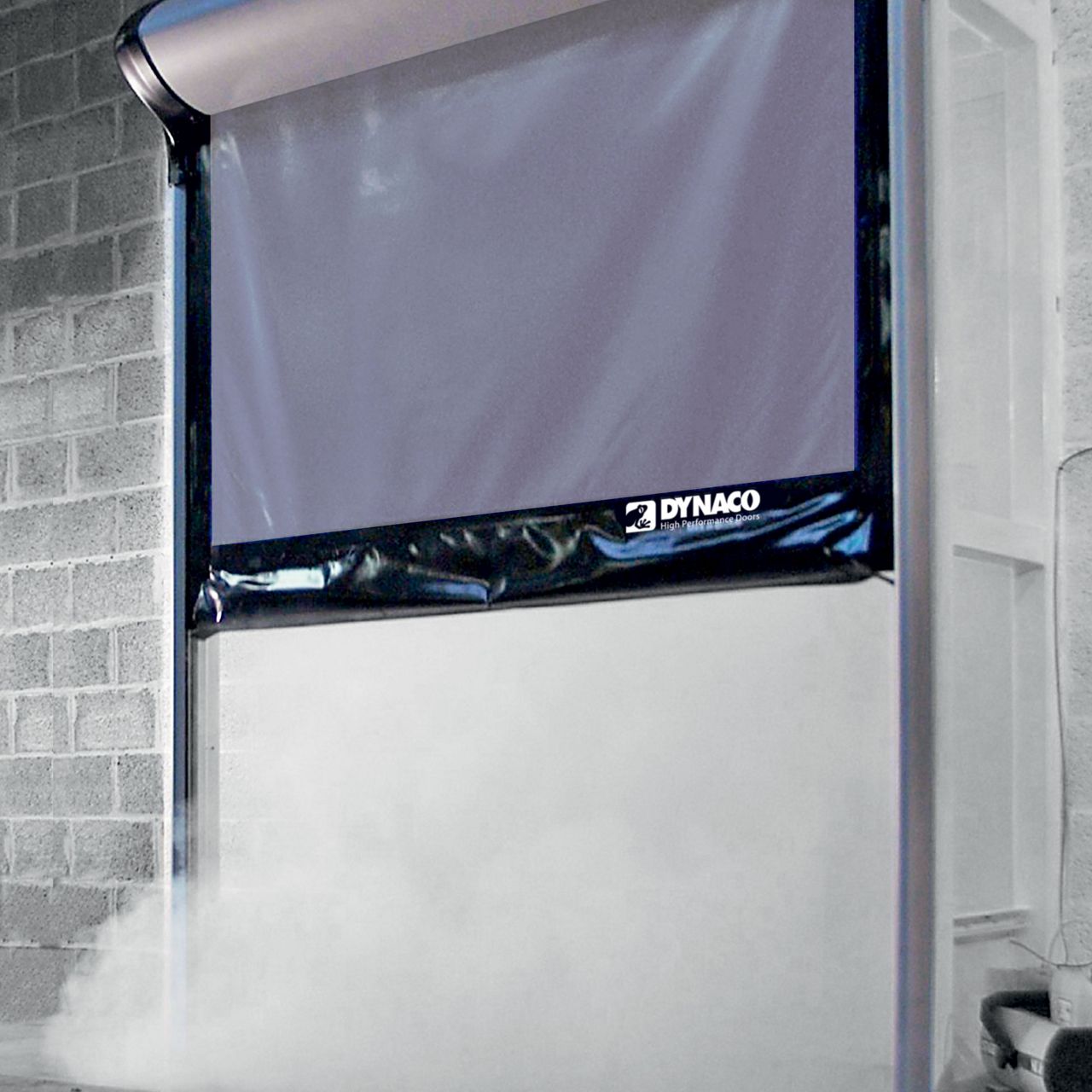 A grey door that is partly open and there are steam coming out of it. 