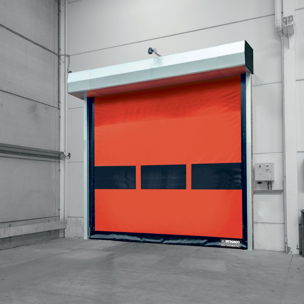 A picture of a red D-631 Comapact door with 2 windows.