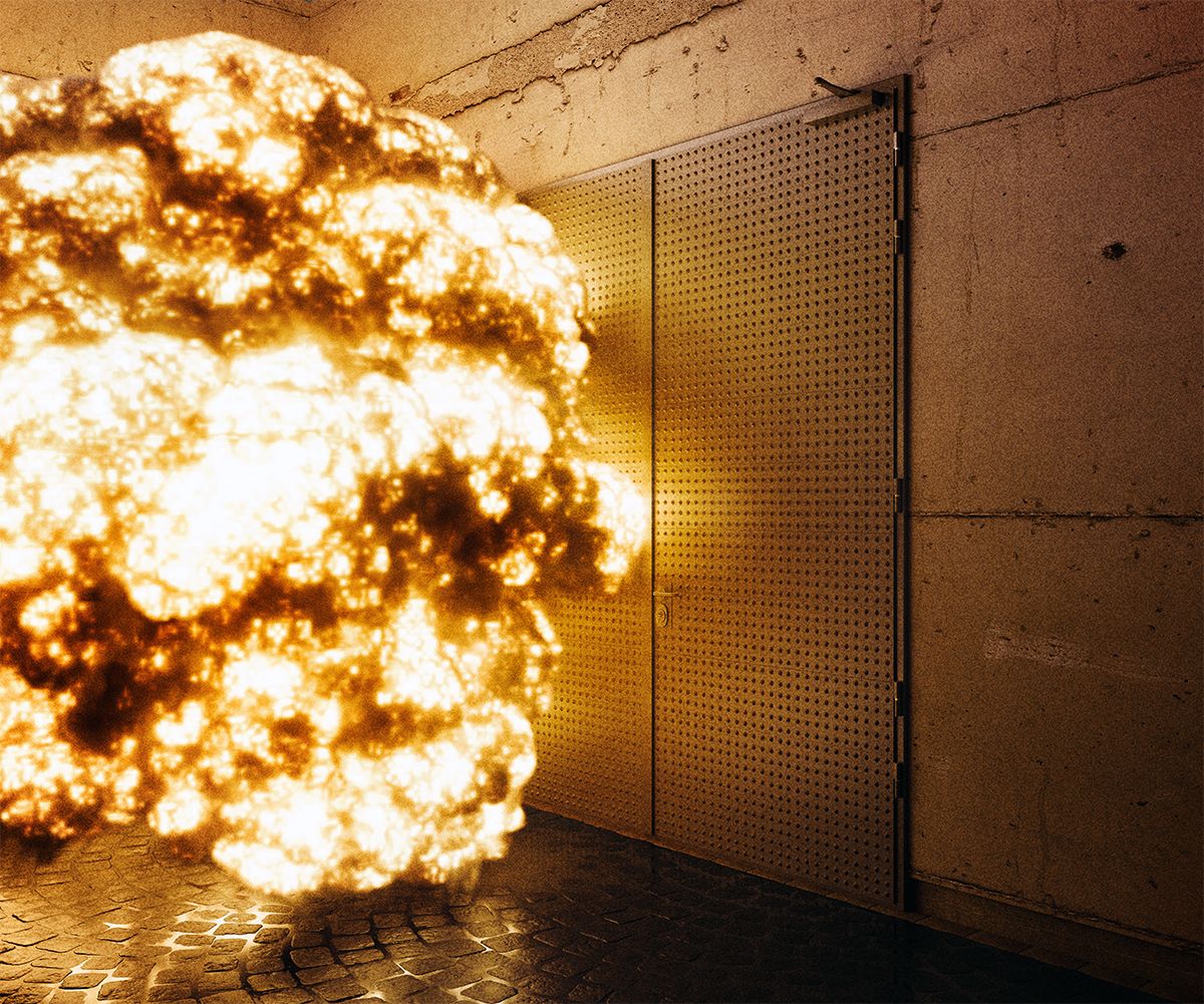 Image: Drzwi przeciwwybuchowe dwuskrzydłowe EXR2 podczas wybuchu