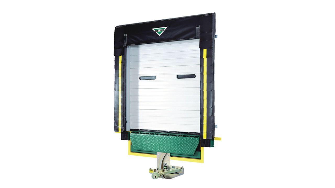 A foam dock seal featuring a hood-style head curtain, ideal for doors 9 feet high or taller, providing a tight seal against various trailer heights.