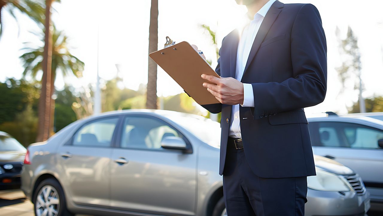 View of man in front of a car with a clipboard
