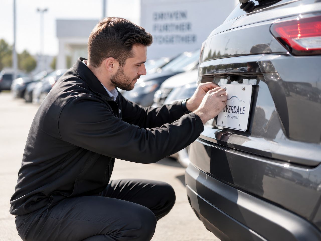 Man installing a dealer plate