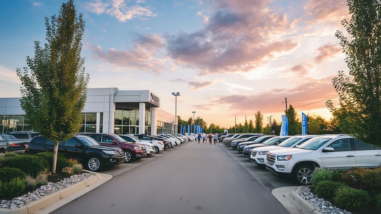 Morning sunrise at opening of car dealership