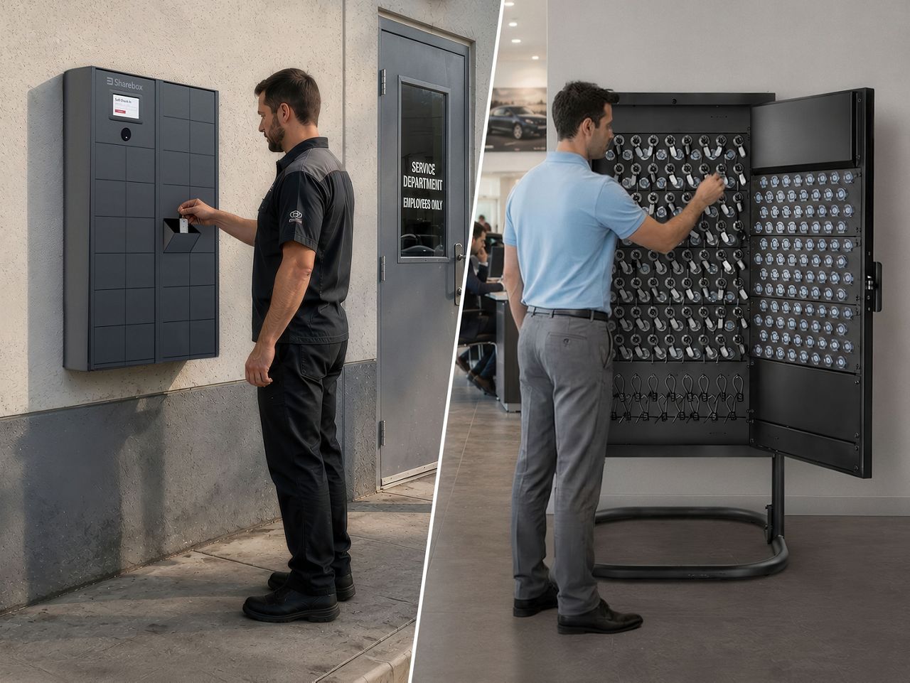 Split screen of key control systems used in sales and service departments